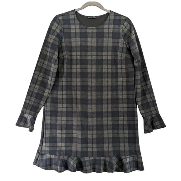 Zara Collection Ruffle Plaid Shift Dress M Gray Black Babydoll Bell Sleeves Mini - Picture 1 of 9